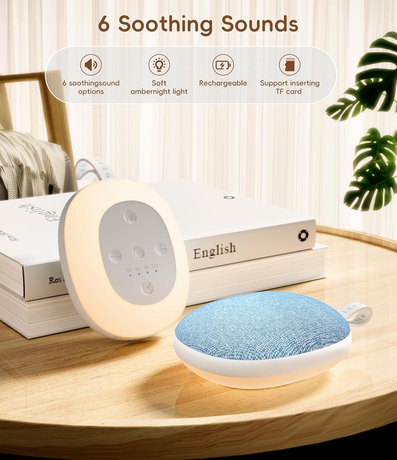 Sound Machine with Ambient Night Light,Timer, 6 Sounds for Kids Adults -Beige