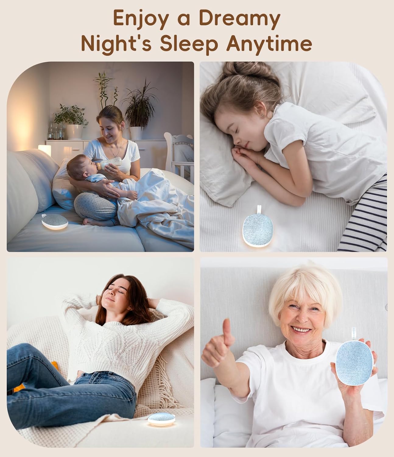 Sound Machine with Ambient Night Light,Timer, 6 Sounds for Kids Adults -Beige